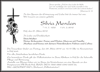 Traueranzeige von Silvia Merdan von Frankenpost