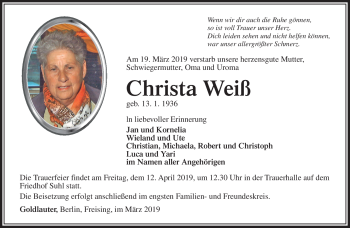 Traueranzeige von Christa Weiß von Südthüringer Presse