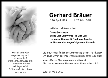 Traueranzeige von Gerhard Bräuer von Südthüringer Presse