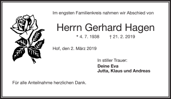 Traueranzeige von Gerhard Hagen von Frankenpost