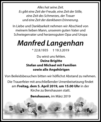Traueranzeige von Manfred Langehan von Südthüringer Presse