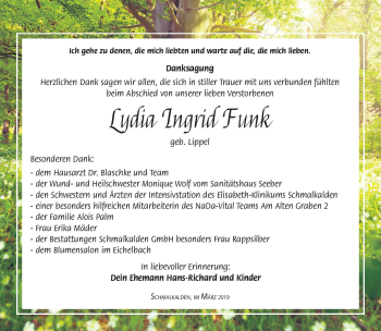 Traueranzeige von Lydia Ingrid Funk von Südthüringer Presse
