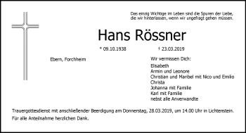 Traueranzeige von Hans Rössner von Frankenpost
