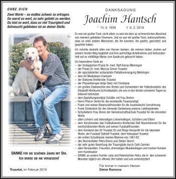 Traueranzeige von Joachim Hantsch von Südthüringer Presse