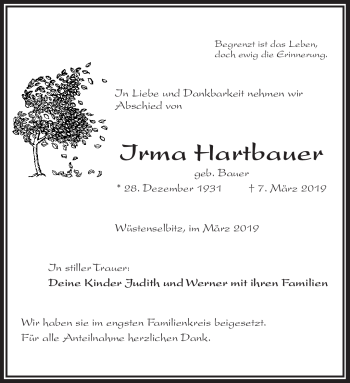 Traueranzeige von Irma Hartbauer von Frankenpost