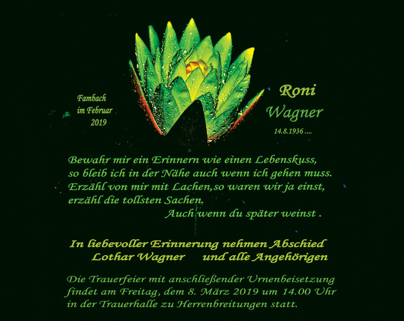  Traueranzeige für Roni Wagner vom 02.03.2019 aus Südthüringer Presse