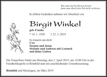 Traueranzeige von Birgit Winkel von Südthüringer Presse