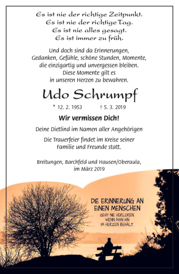 Traueranzeige von Udo Schrumpf von Südthüringer Presse