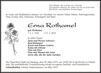 Traueranzeige von Erna Rothamel von Südthüringer Presse