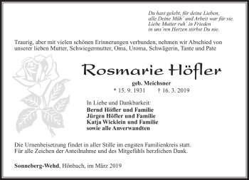 Traueranzeige von Rosemarie Höfler von Südthüringer Presse