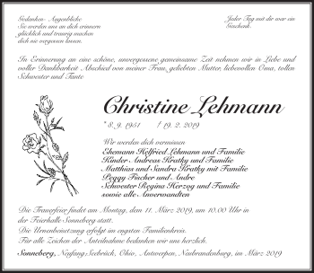 Traueranzeige von Christine Lehmann von Südthüringer Presse