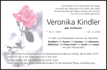 Traueranzeige von Veronika Kindler von Neue Presse Coburg