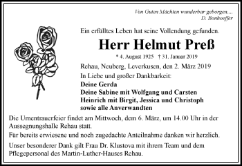 Traueranzeige von Helmut Preß von Frankenpost