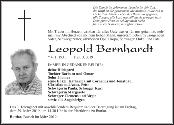 Traueranzeige von Leopold Bernhardt von Südthüringer Presse