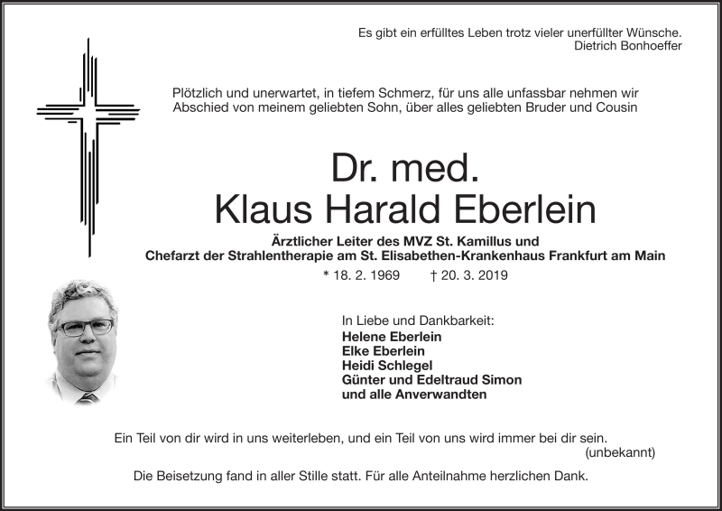  Traueranzeige für Klaus Harald Eberlein vom 30.03.2019 aus Frankenpost