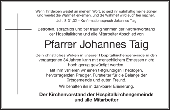 Traueranzeige von Johannes Taig von Frankenpost