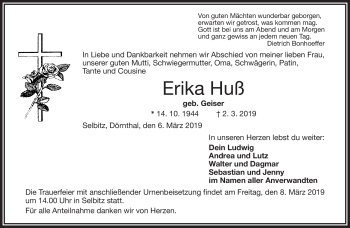 Traueranzeige von Erika Huß von Frankenpost