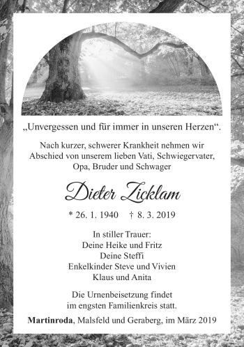 Traueranzeige von Dieter Zicklam von Südthüringer Presse