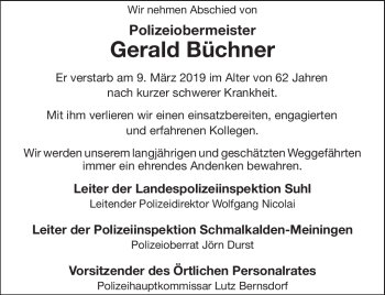 Traueranzeige von Gerald Büchner von Südthüringer Presse