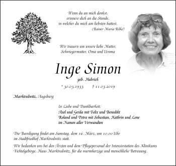 Traueranzeige von Inge Simon von Frankenpost