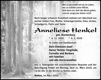 Traueranzeige von Anneliese Henkel von Südthüringer Presse