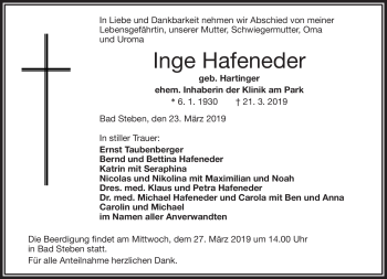 Traueranzeige von Inge Hafeneder von Frankenpost