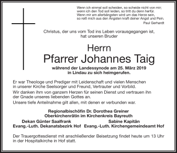 Traueranzeige von Johannes Taig von Frankenpost