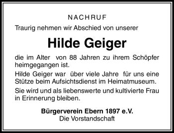 Traueranzeige von Hilde Geiger von Neue Presse Coburg