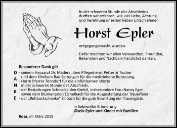 Traueranzeige von Horst Epler von Südthüringer Presse