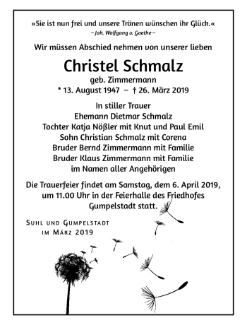 Traueranzeige von Christel Schmalz von Südthüringer Presse