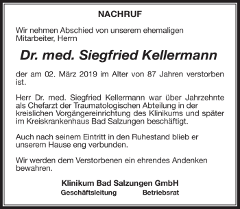 Traueranzeige von Siegfried Kellermann von Südthüringer Presse