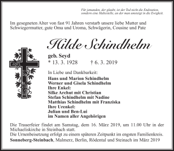 Traueranzeige von Hilde Schindhelm von Südthüringer Presse