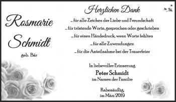 Traueranzeige von Rosemarie Schmidt von Südthüringer Presse