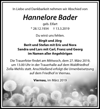 Traueranzeige von Hannelore Bader von Südthüringer Presse