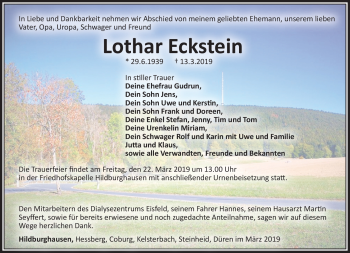 Traueranzeige von Lothar Eckstein von Südthüringer Presse