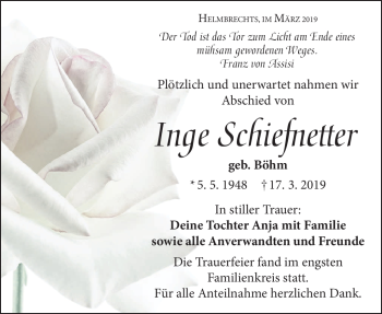 Traueranzeige von Inge Schiefnetter von Frankenpost
