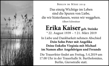 Traueranzeige von Erika Kaiser von Südthüringer Presse