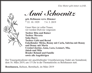 Traueranzeige von Anni Schoenitz von Südthüringer Presse