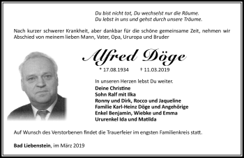 Traueranzeige von Alfred Döge von Südthüringer Presse
