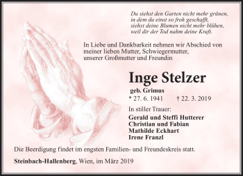 Traueranzeige von Inge Stelzer von Südthüringer Presse