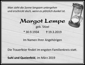 Traueranzeige von Margot Lempe von Südthüringer Presse