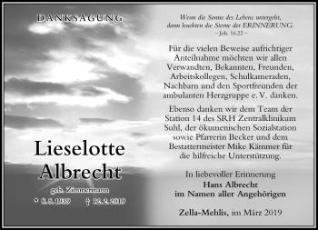 Traueranzeige von Lieselotte Albrecht von Südthüringer Presse