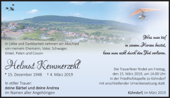 Traueranzeige von Helmut Kemmerzehl von Südthüringer Presse