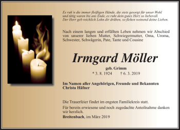 Traueranzeige von Irmgard Möller von Südthüringer Presse