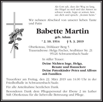 Traueranzeige von Babette Martin von Frankenpost