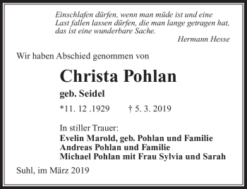 Traueranzeige von Christa Pohl von Südthüringer Presse