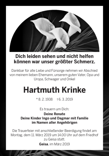 Traueranzeige von Hartmuth Krinke von Südthüringer Presse