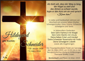 Traueranzeige von Hildegard Schneider von Südthüringer Presse