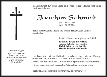 Traueranzeige von Joachim Schmidt von Südthüringer Presse