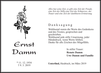 Traueranzeige von Ernst Damm von Südthüringer Presse